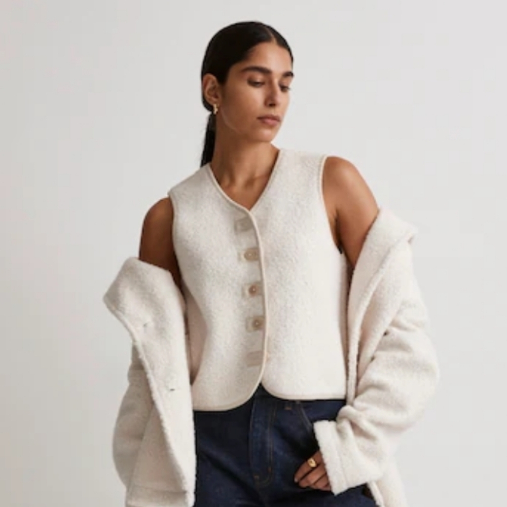 Madewell Pebbled Faux Shearling Button-Front Vest Size M